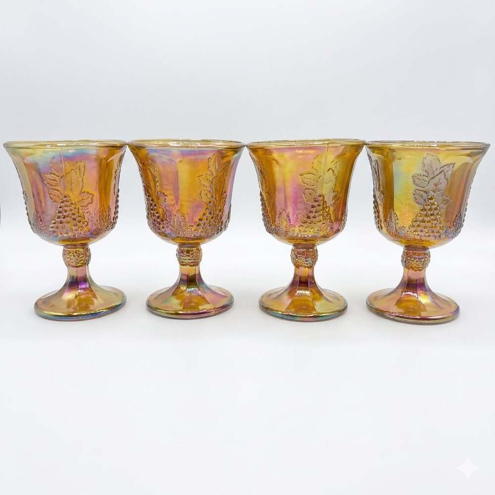 Set of 4 Vintage Indiana Glass Harvest Grape Marigold Iridescent Goblets